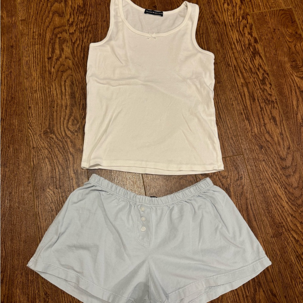 Brandy Melville Cream Tank and Light Blue Shorts Set
